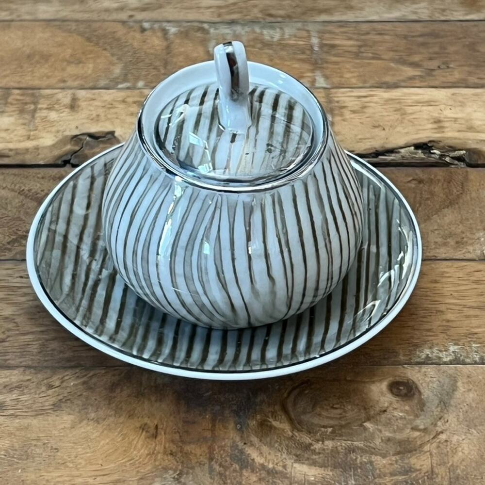 Striped White Ceramic Sugar Cup With Saucer And Lid Minimalist